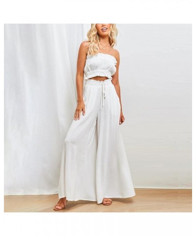 Women Wide Leg Pants Flowy Casual High Waisted Lounge Pants Plus Size Smocked Palazzo Pants Trousers with Pockets A White $8....