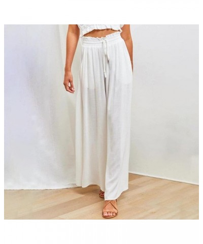 Women Wide Leg Pants Flowy Casual High Waisted Lounge Pants Plus Size Smocked Palazzo Pants Trousers with Pockets A White $8....