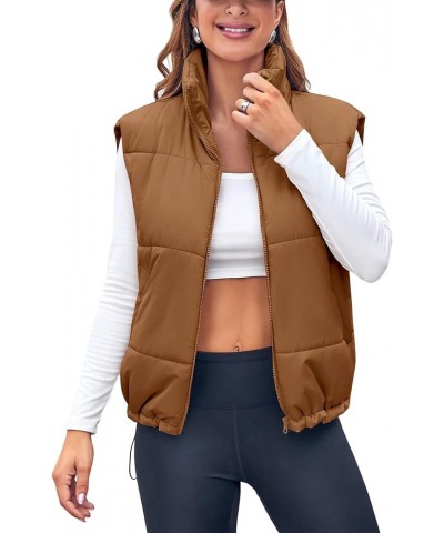 Puffer Vest Women Lightweight Padded Stand Collar Sleeveless Jacket Coats Puffy Vests Outerwear with Pockets Brown $19.59 Vests