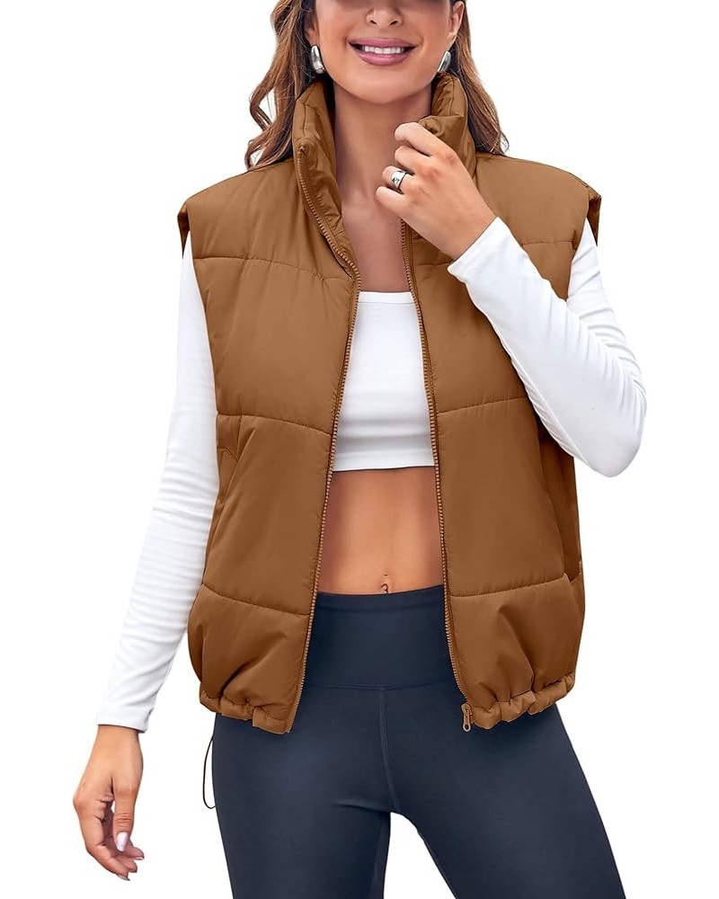 Puffer Vest Women Lightweight Padded Stand Collar Sleeveless Jacket Coats Puffy Vests Outerwear with Pockets Brown $19.59 Vests