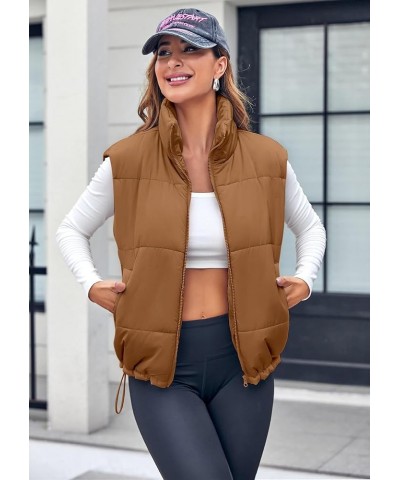 Puffer Vest Women Lightweight Padded Stand Collar Sleeveless Jacket Coats Puffy Vests Outerwear with Pockets Brown $19.59 Vests