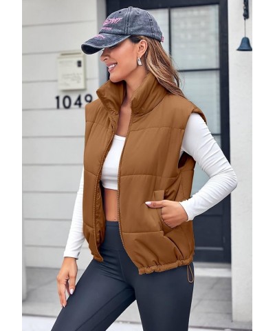 Puffer Vest Women Lightweight Padded Stand Collar Sleeveless Jacket Coats Puffy Vests Outerwear with Pockets Brown $19.59 Vests