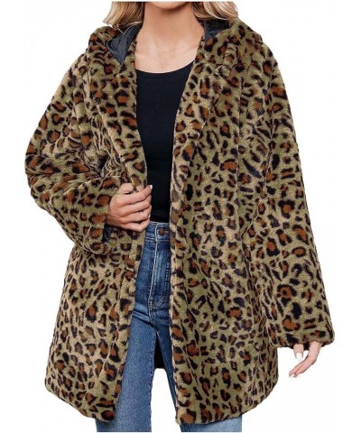 Faux Fur Coat Winter Leopard print Loose Jackets Fashion Fuzzy Fleece Coats Open Front Oversized Hoodie with Pockets 02 Green...