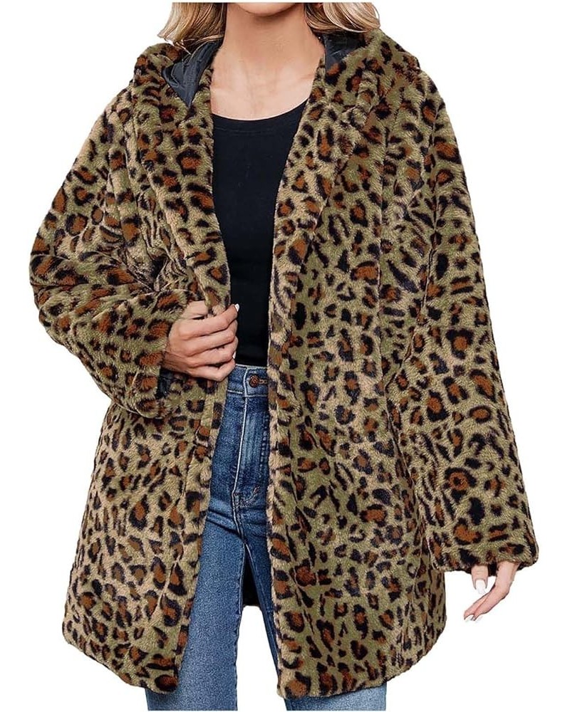 Faux Fur Coat Winter Leopard print Loose Jackets Fashion Fuzzy Fleece Coats Open Front Oversized Hoodie with Pockets 02 Green...