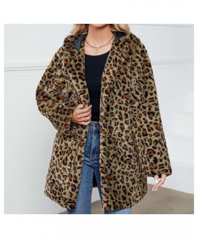 Faux Fur Coat Winter Leopard print Loose Jackets Fashion Fuzzy Fleece Coats Open Front Oversized Hoodie with Pockets 02 Green...