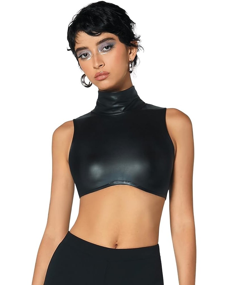 Women's Mock Neck Sleeveless Slim Fitted PU Leather Tank Crop Top Black $11.75 Tanks