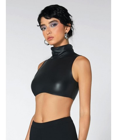 Women's Mock Neck Sleeveless Slim Fitted PU Leather Tank Crop Top Black $11.75 Tanks