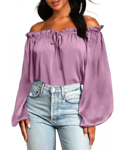 Womens Cute Top Ruffled Neck Puff Long Sleeve Off Shoulder Drawstring Casual Cotton Blouse Shirt Fall Light Purple $7.19 Blouses