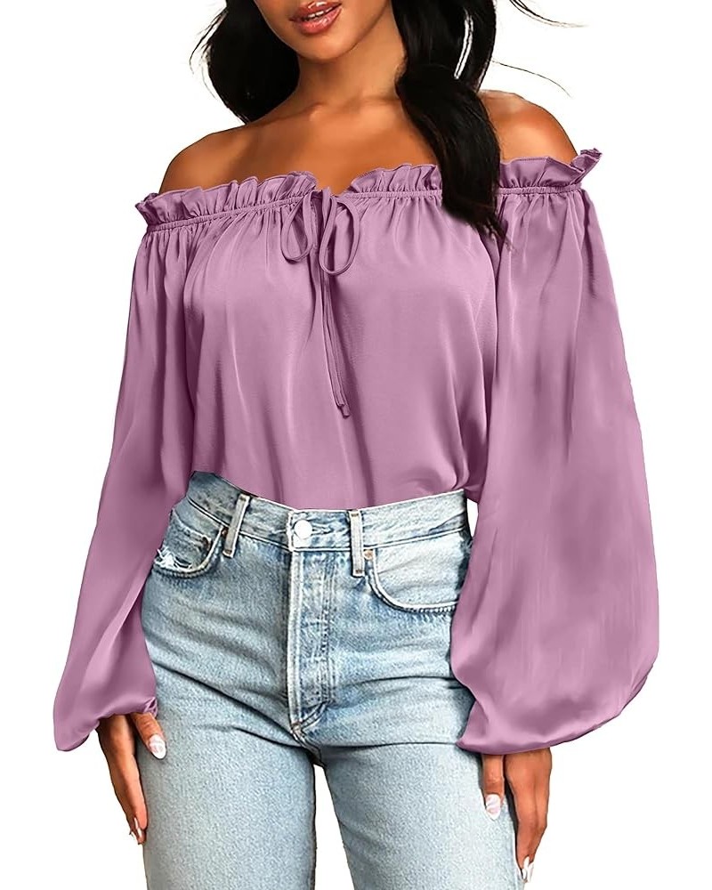 Womens Cute Top Ruffled Neck Puff Long Sleeve Off Shoulder Drawstring Casual Cotton Blouse Shirt Fall Light Purple $7.19 Blouses