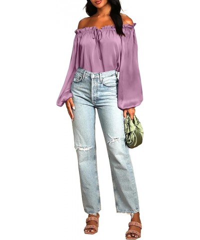 Womens Cute Top Ruffled Neck Puff Long Sleeve Off Shoulder Drawstring Casual Cotton Blouse Shirt Fall Light Purple $7.19 Blouses