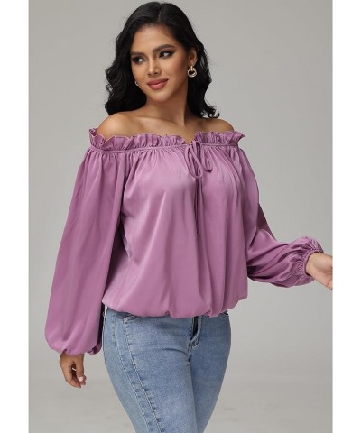 Womens Cute Top Ruffled Neck Puff Long Sleeve Off Shoulder Drawstring Casual Cotton Blouse Shirt Fall Light Purple $7.19 Blouses