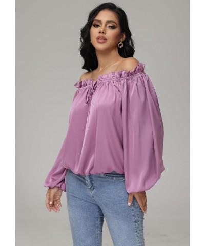 Womens Cute Top Ruffled Neck Puff Long Sleeve Off Shoulder Drawstring Casual Cotton Blouse Shirt Fall Light Purple $7.19 Blouses