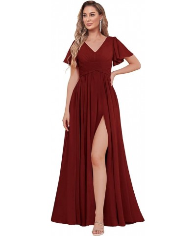 Modest Bridesmaid Dresses with Sleeves High Slit A Line V Neck Side Pockets Pleated Chiffon Formal Evening Gown Burgundy $31....