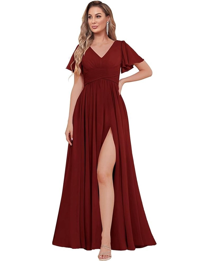 Modest Bridesmaid Dresses with Sleeves High Slit A Line V Neck Side Pockets Pleated Chiffon Formal Evening Gown Burgundy $31....