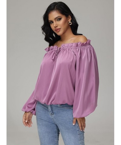 Womens Cute Top Ruffled Neck Puff Long Sleeve Off Shoulder Drawstring Casual Cotton Blouse Shirt Fall Light Purple $7.19 Blouses