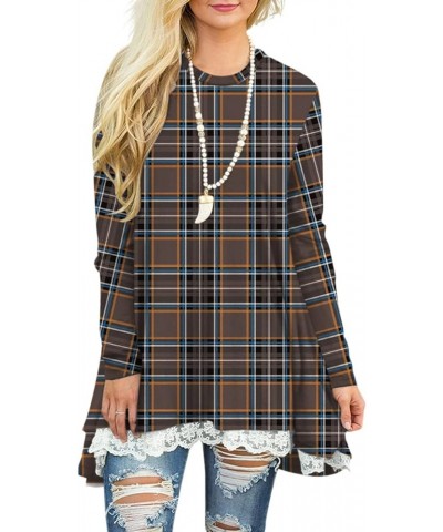 Women's Tops Long Sleeve Lace Scoop Neck A-line Tunic Blouse Brown Plaid $15.36 Tops