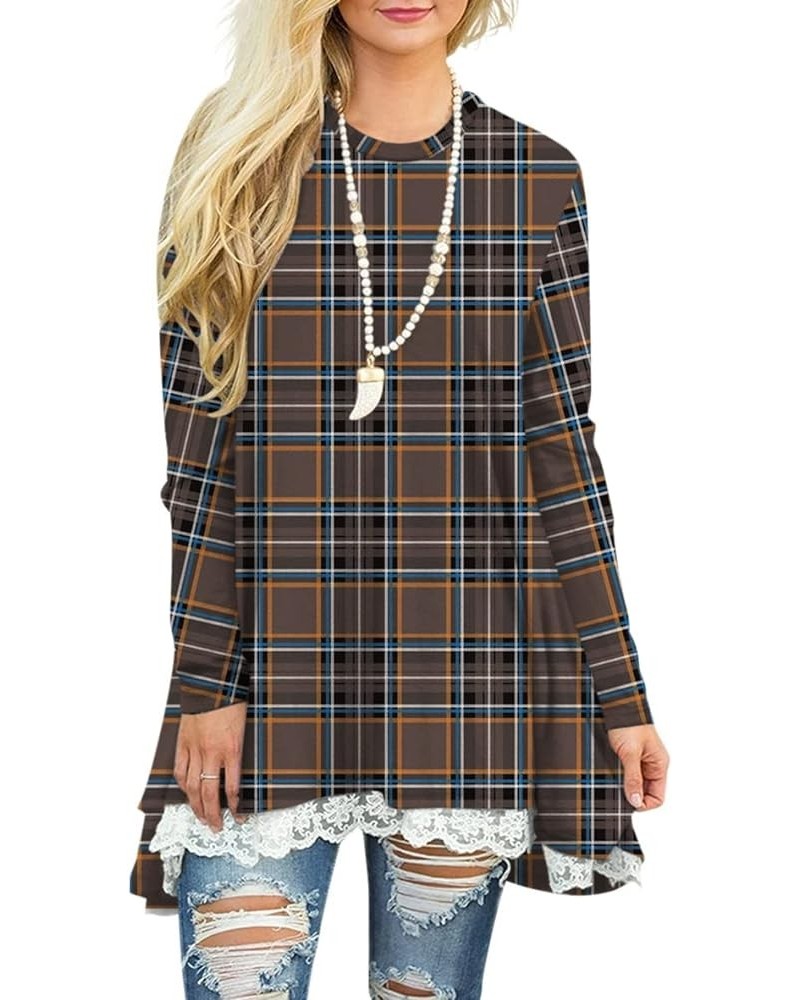 Women's Tops Long Sleeve Lace Scoop Neck A-line Tunic Blouse Brown Plaid $15.36 Tops