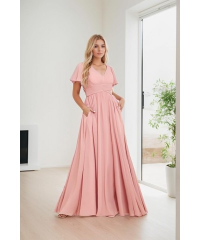 Modest Bridesmaid Dresses with Sleeves High Slit A Line V Neck Side Pockets Pleated Chiffon Formal Evening Gown Burgundy $31....