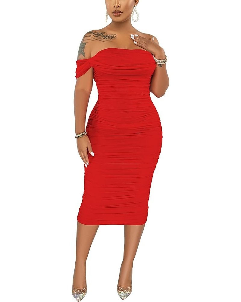 Women's Sexy Off Shoulder Sleeveless Bodycon Ruched Midi Elegant Cocktail Evening Party Night Tube Dresses 88-red $21.12 Dresses