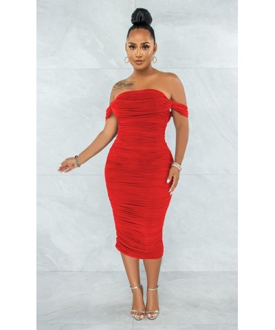 Women's Sexy Off Shoulder Sleeveless Bodycon Ruched Midi Elegant Cocktail Evening Party Night Tube Dresses 88-red $21.12 Dresses