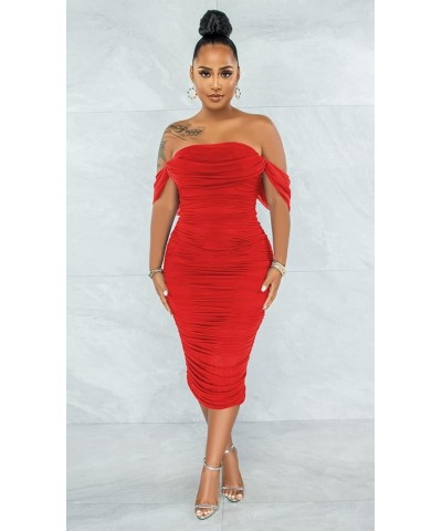 Women's Sexy Off Shoulder Sleeveless Bodycon Ruched Midi Elegant Cocktail Evening Party Night Tube Dresses 88-red $21.12 Dresses