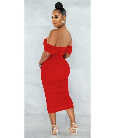 Women's Sexy Off Shoulder Sleeveless Bodycon Ruched Midi Elegant Cocktail Evening Party Night Tube Dresses 88-red $21.12 Dresses