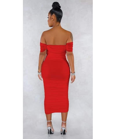 Women's Sexy Off Shoulder Sleeveless Bodycon Ruched Midi Elegant Cocktail Evening Party Night Tube Dresses 88-red $21.12 Dresses