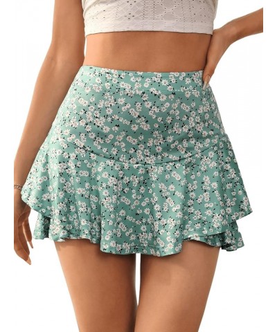 Women's Boho Floral Print Tie Side Wrap Skirt Ruffle Hem Mini Skort Skirts with Shorts Cadet Blue $15.95 Skorts