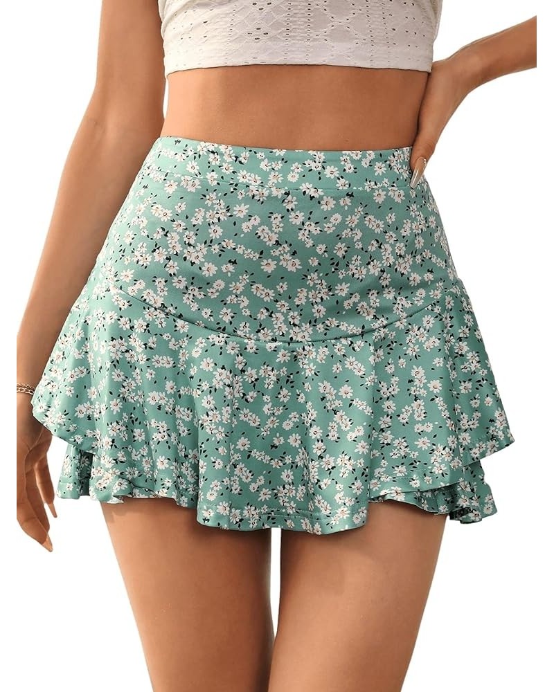 Women's Boho Floral Print Tie Side Wrap Skirt Ruffle Hem Mini Skort Skirts with Shorts Cadet Blue $15.95 Skorts