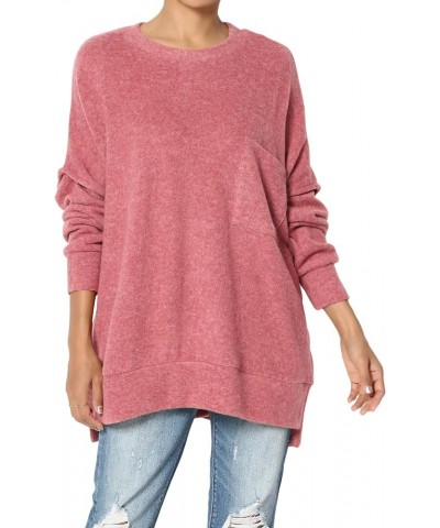 Women's Cozy Loose Chest Pocket Long Sleeve Melange Color Knit Pullover Sweater Blushed Rose $17.04 Sweaters