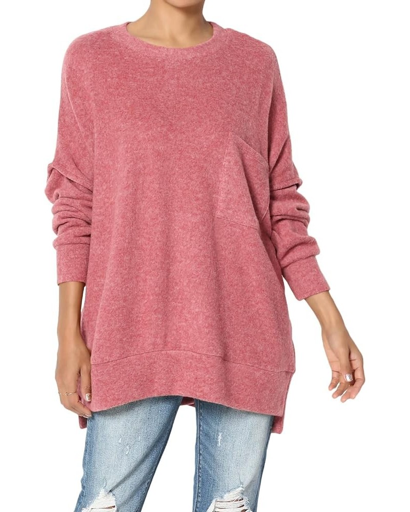 Women's Cozy Loose Chest Pocket Long Sleeve Melange Color Knit Pullover Sweater Blushed Rose $17.04 Sweaters