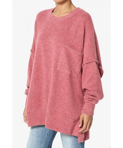 Women's Cozy Loose Chest Pocket Long Sleeve Melange Color Knit Pullover Sweater Blushed Rose $17.04 Sweaters