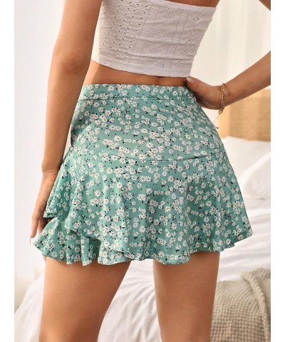 Women's Boho Floral Print Tie Side Wrap Skirt Ruffle Hem Mini Skort Skirts with Shorts Cadet Blue $15.95 Skorts