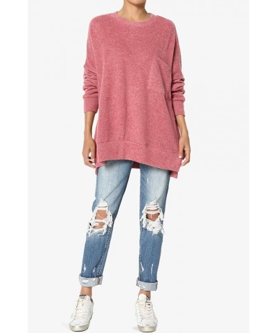 Women's Cozy Loose Chest Pocket Long Sleeve Melange Color Knit Pullover Sweater Blushed Rose $17.04 Sweaters