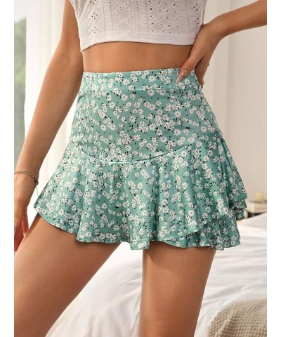 Women's Boho Floral Print Tie Side Wrap Skirt Ruffle Hem Mini Skort Skirts with Shorts Cadet Blue $15.95 Skorts