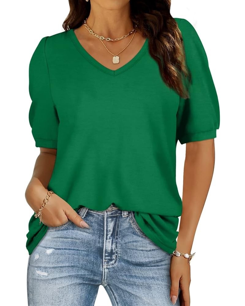 Womens Summer Tops V Neck Puff Sleeve Loose Fit Fashion Casual T Shirts S-2XL 02-green $7.79 T-Shirts