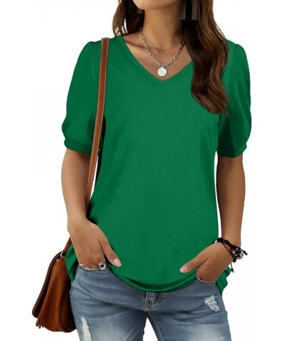 Womens Summer Tops V Neck Puff Sleeve Loose Fit Fashion Casual T Shirts S-2XL 02-green $7.79 T-Shirts