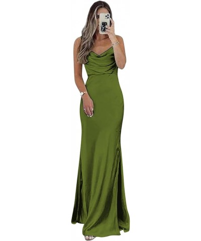 Satin Bridesmaid Dresses Long Spaghetti Straps Cowl Neck Formal Dress with Slit Olive Green $43.19 Dresses