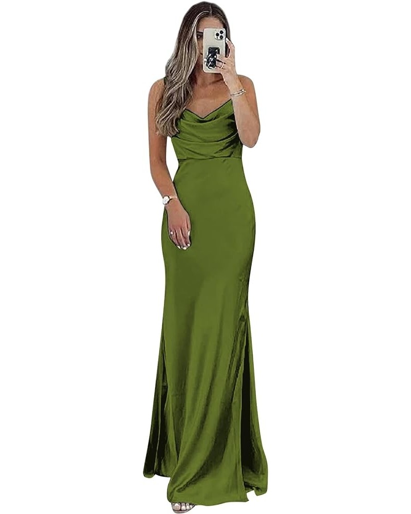 Satin Bridesmaid Dresses Long Spaghetti Straps Cowl Neck Formal Dress with Slit Olive Green $43.19 Dresses