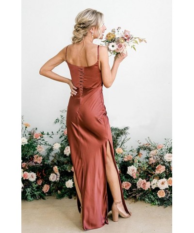 Satin Bridesmaid Dresses Long Spaghetti Straps Cowl Neck Formal Dress with Slit Olive Green $43.19 Dresses