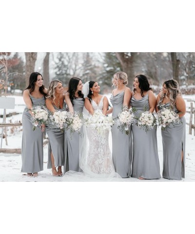 Satin Bridesmaid Dresses Long Spaghetti Straps Cowl Neck Formal Dress with Slit Olive Green $43.19 Dresses