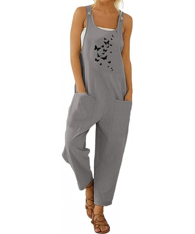 Women's Casual Sleeveless Loose Lightweight Embroider Baggy Suspender Linen Overalls Jumpsuits with Pocket Grey $13.97 Overalls