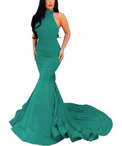 Women's Mermaid Halter Neck Sleeveless Evening Dresses with Train Teal $48.36 Dresses