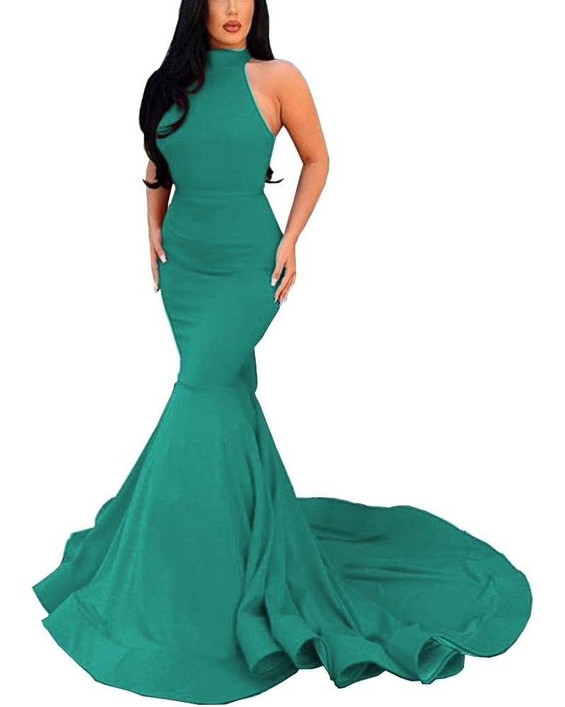 Women's Mermaid Halter Neck Sleeveless Evening Dresses with Train Teal $48.36 Dresses