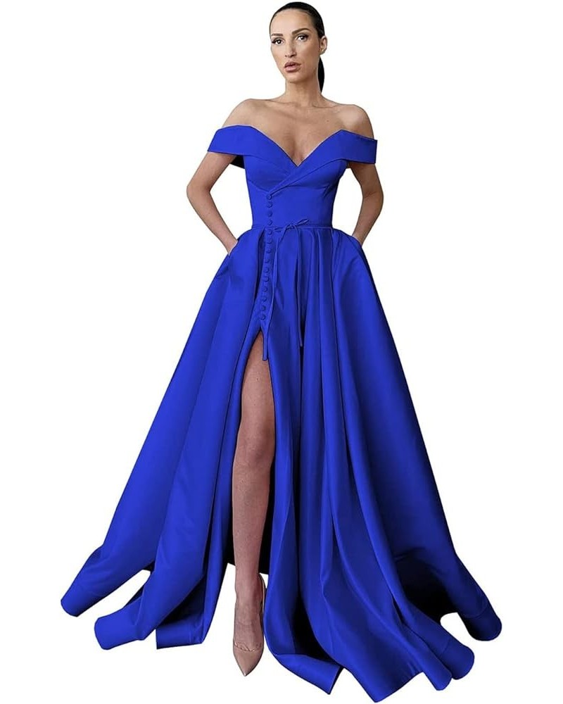 Off The Shoulder Ball Gowns Women Prom Dresses Long Satin with Pockets Blue $40.50 Dresses