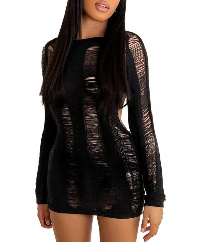 Womens Sexy Backless Knit Crochet Mini Bodycon Dress Long Sleeve Hollow Out Knitted Cover Up Short Dresses 1-sexy Black Backl...