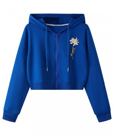 Women's Solid Long Sleeve Drawstring Zip Up Cropped Sweatshirt Hoodie Floral Blue $11.19 Hoodies & Sweatshirts