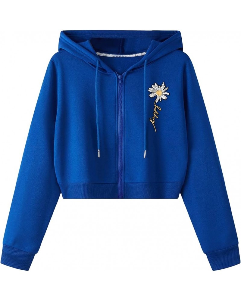 Women's Solid Long Sleeve Drawstring Zip Up Cropped Sweatshirt Hoodie Floral Blue $11.19 Hoodies & Sweatshirts