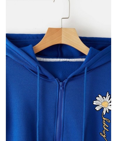 Women's Solid Long Sleeve Drawstring Zip Up Cropped Sweatshirt Hoodie Floral Blue $11.19 Hoodies & Sweatshirts