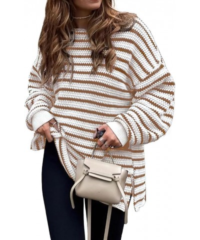 Women's 2024 Fall Winter Oversized Long Sleeve Striped Sweater Casual Crewneck Side Split Pullover Knit Tops Striped Brown $2...